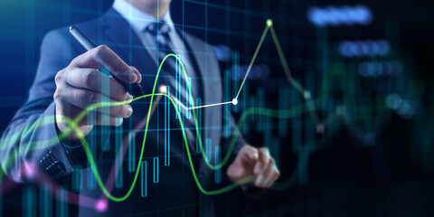 Financial charts diagram stock market data analysis. Businessman and virtual dashboard.