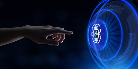 AI Artificial intelligence machine deep learning neural network cyber brain modern technology concept. Hand pressing button.