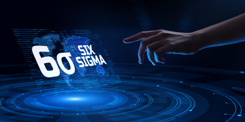 Six sigma DMAIC Lean manufacturing quality control business technology concept. Hand pressing...