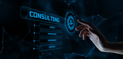 Consulting service business concept. Hand pressing button on screen. - obrazy, fototapety, plakaty