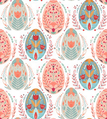 Vector seamless pattern with Easter eggs with a folk pattern and floral ornaments. Gentle texture with festive treat with a folk decoration on white background. Backdrop for fabrics and wallpapers