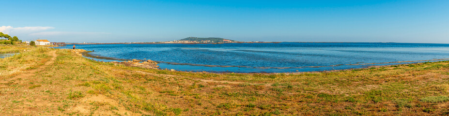 Panorama of the etang de Thau et Sete at sunrise in Meze, Occitanie, France