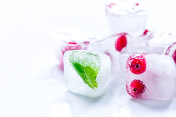 mint and red berries in ice cubes white background