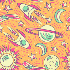 Hand drawn space seamless vector pattern. Planets and spaceships kids background