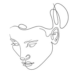 Vector hand drawn line art of a female head. Simple minimalist portrait of a young woman for label, logo or packaging design. Ballet dancer elegant face.