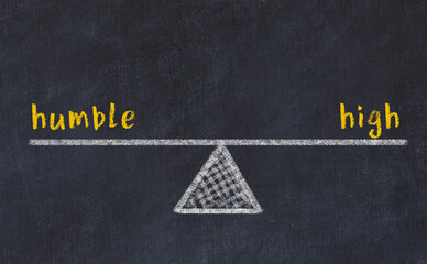 Concept of balance between humble and high. Chalk scales and words on it
