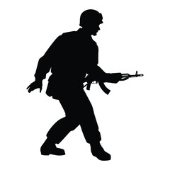 Soldier with rifle gun in war silhouette vector, military man in the battle.