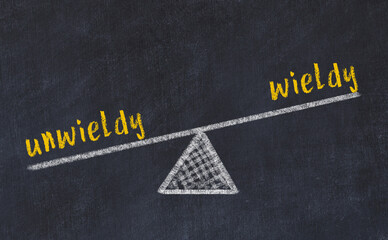 Concept of balance between unwieldy and wieldy. Chalk scales and words on it - obrazy, fototapety, plakaty