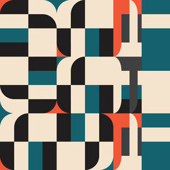 Modern vector abstract  geometric background with circles, rectangles and squares  in retro  style. Pastel colored simple shapes graphic pattern. Abstract mosaic artwork.