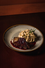 Perfect Pasta Classic Italian Homemade Artisan Bacon Tomato Sauce Sausage Sweet Melted Cheese Onion Chicken Meat Shrimp Menu Gourmet on a Dark Background