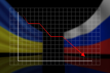 red arrow of the recession on the background of the flags of Russia and Ukraine.