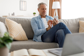 Portrait of smiling mature man using smartphone at home