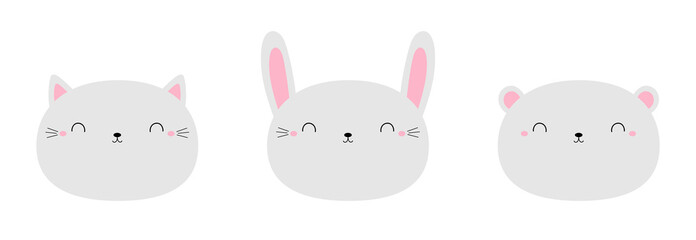 White cat kitty, kitten, bear cub bunny rabbit icon set. Cute kawaii animal. Cartoon funny baby character. Round face head. Kids print for poster, t-shirt cloth. Flat design. White background.