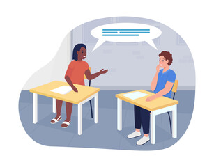 Talking students 2D vector isolated illustration. High school pupils flat characters on cartoon background. Classroom conversation colourful scene for mobile, website, presentation