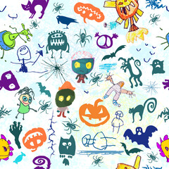 Seamless pattern with funny monsters in cartoon style. Children's background with cute characters for fabric design, Wallpaper, wrapping paper. Vector