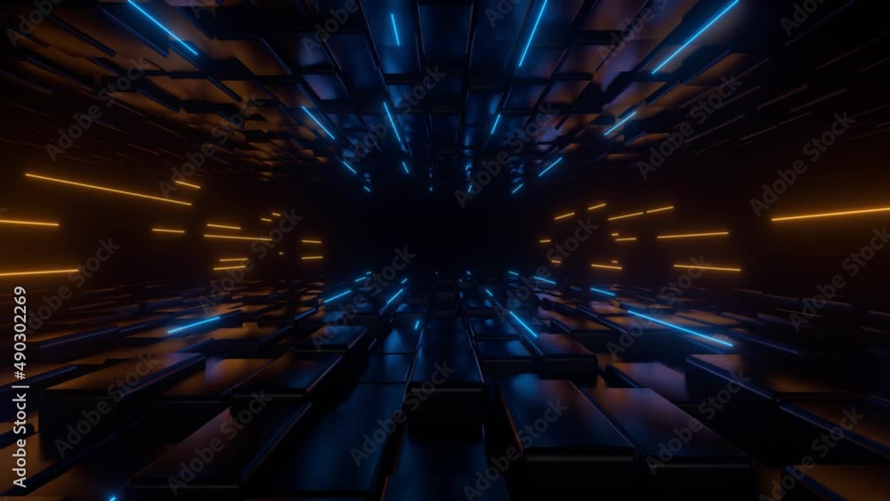 Poster back moving along dark tunnel illuminated by neon lights. digital space. cyberspace decor element. v