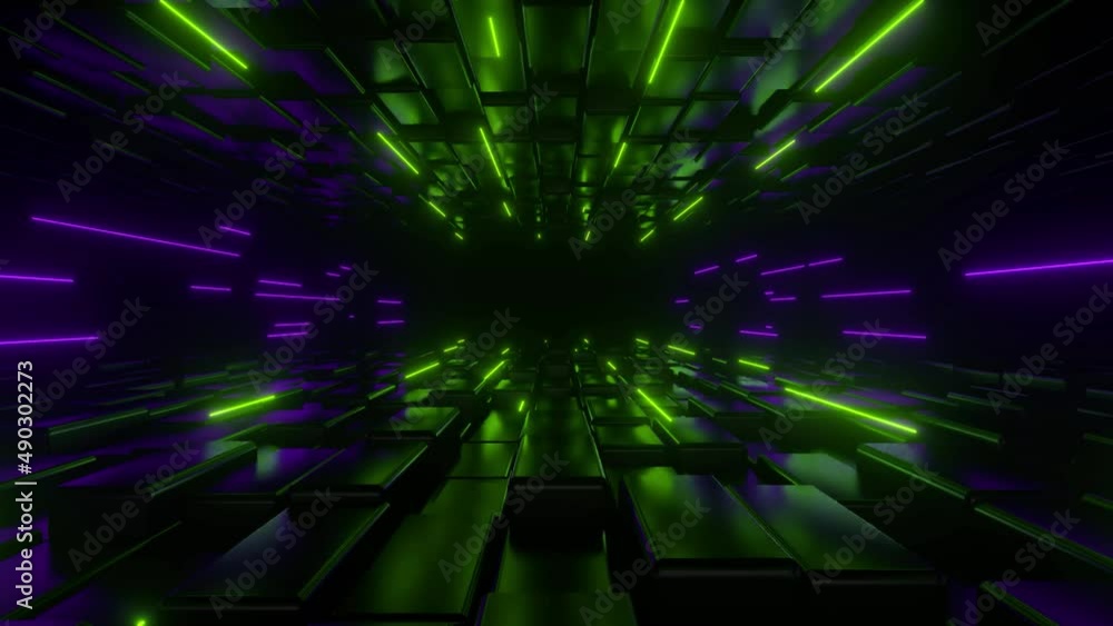 Poster back moving along dark tunnel illuminated by neon green purple lights. digital space. cyberspace dec