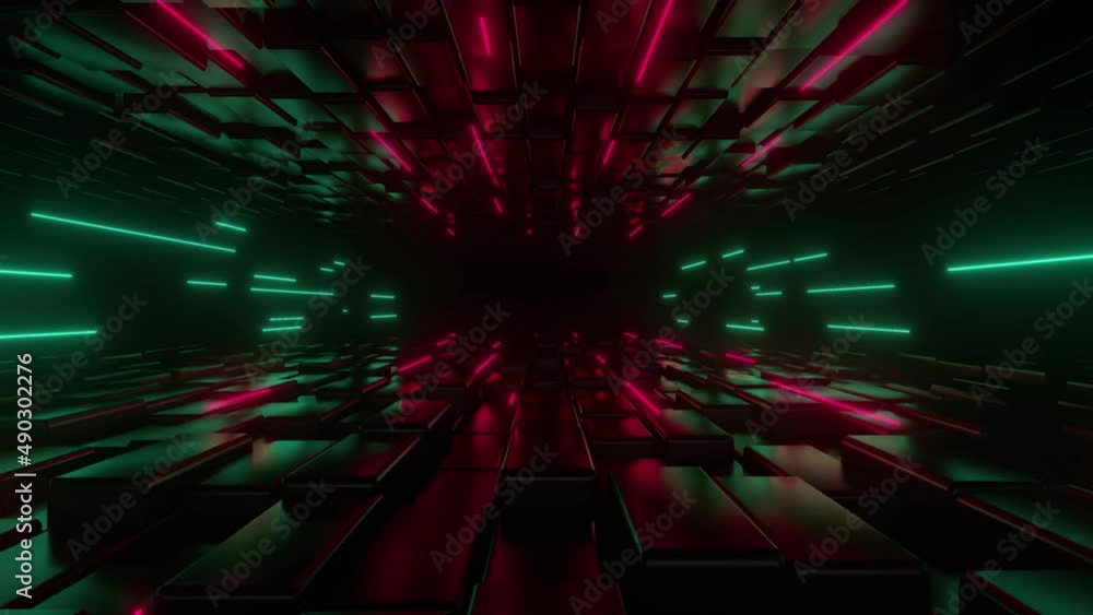 Poster back moving along dark tunnel illuminated by neon lights. digital space. cyberspace decor element. v