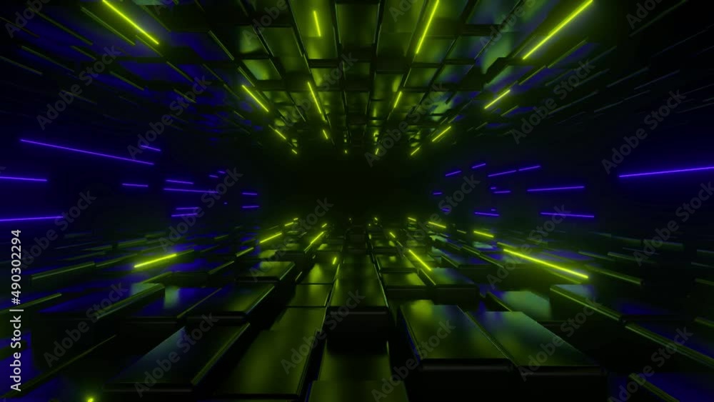 Poster back moving along dark tunnel illuminated by neon green blue lights. digital space. cyberspace decor