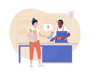 Payment error 2D vector isolated illustration. Failed money transaction. Supermarket flat characters on cartoon background. Grocery shopping colourful scene for mobile, website, presentation