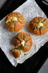 Homemade popular Korean street food. Korean Cream Cheese Garlic Bread. Creamy and fluffy bread with rich distinct garlic taste. 