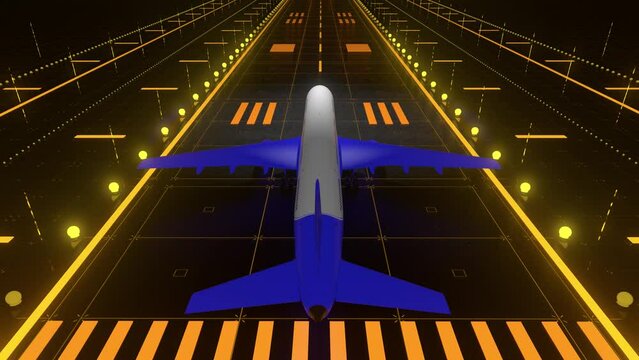 Gameplay of a flight simulator video game. White-blue plane on the emerging runway is preparing to take off. Futuristic abstraction technology, games and travel concept. CG generated. 3d animation 4K