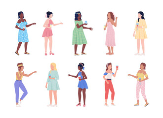 Women with drinks semi flat color vector characters set. Standing figures. Full body people on white. Festive celebration simple cartoon style illustration for web graphic design and animation pack