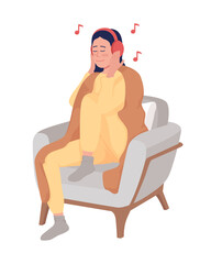 Girl listening to music semi flat color vector character. Sitting figure. Full body person on white. Relaxed girl with blanket simple cartoon style illustration for web graphic design and animation