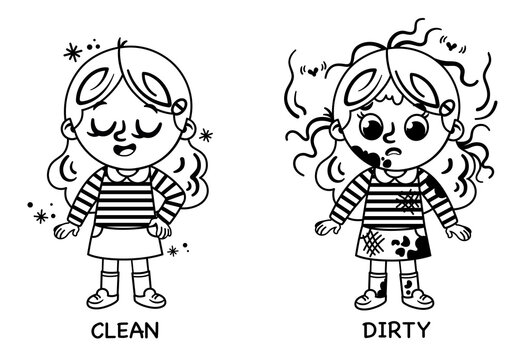 Educational illustration for kids that teaches the opposites of clean and dirty. Black and white vector illustration.