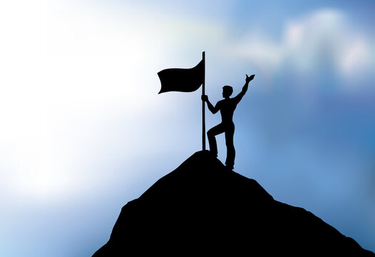 The man put the flag on the top of the mountain. Vector drawing