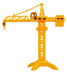Plastic toy crane isolated on white background. Building toys for kids concept. Construction...