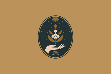 Logo template for a coffee shop or coffee house. Emblem with a hand holding a coffee tree sprout in an elegant frame. The concept of organic drinks. Vector illustration.