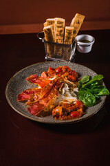 Perfect Pasta Classic Italian Homemade Artisan Bacon Tomato Sauce Sausage Sweet Melted Cheese Onion Chicken Meat Shrimp Menu Gourmet on a Dark Background