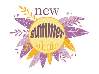 Fototapeta na wymiar Template. New summer collection. Yellow cut lemon on a background of purple leaves. Vector illustration EPS8