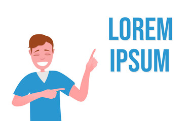 Smiling guy with closed eyes points his finger at the text. Vector illustration.