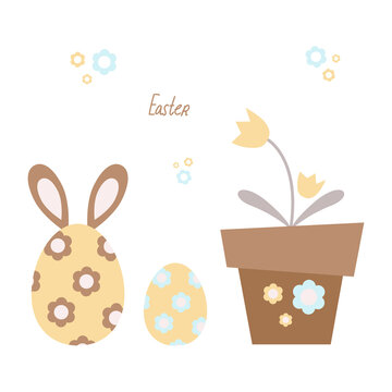 Easter eggs are painted with patterns, an egg with ears, a rabbit, simple flowers and a butterfly. Spring baby clipart, vector simple illustration. Pastel colors, brown, blue, yellow, grey, mother's 