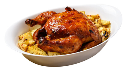grilled chicken meat and roasted potatoes, tasty food, isolated on a white background