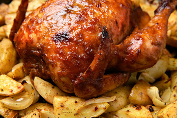 roasted potatoes and baked chicken meat in a frying pan, cooked food, delicious crust, one object on a wooden background