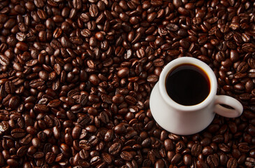Coffee cup on coffee beans, top view.