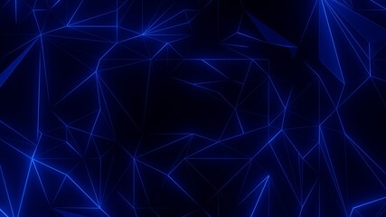 Abstract futuristic background with neon blue net. Dark crystal structure. 3d geometric pulsing pattern. Motion background. 3D Render