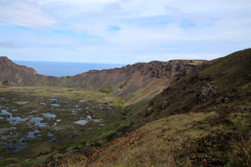 Rano Kau volcano caldera, Easter Island. The Rano Kao is an extinct shield volcano in the southwest of Easter Island.