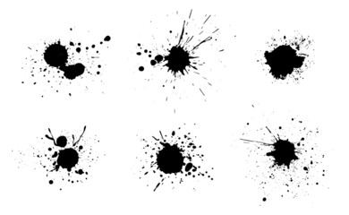 Black ink splatter isolated on white background. Vector watercolor paint brush texture. Ink splash and stain set. Grunge spray drop spatter, dirty blot splatters and splat. Abstract splash blobs - obrazy, fototapety, plakaty