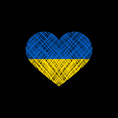 Serce pomalowane w barwy Ukraińskiej flagi na czarnym tle. Wsparcie dla Ukrainy. Ilustracja wektorowa. - obrazy, fototapety, plakaty