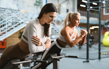 Two young adult women doing a hyperextension exercise in a sports club.