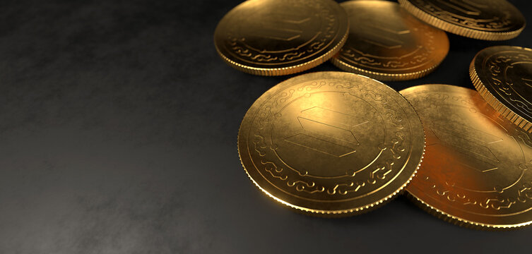 Solana SOL Cryptocurrency. Solana gold coins concept background with copyspace. 3D Rendering