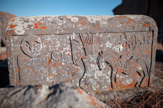 Ancient tombstones called Khachkars on cemetery of Noratus near the Lake Sevan in Armenia, Caucasus, Middle East, Asia