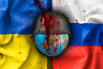 Russia and Ukraine flags , Earth with war helmet with blood , war background concept
