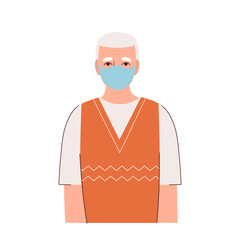 Elderly man, senior in a medical mask. Protecting old people from coronavirus and other viruses during a pandemic. Flat vector illustration isolated on white background