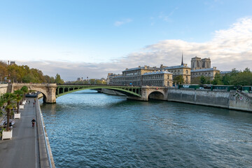 Paris. Pont Notre-Dame bridge. From Pont Au Change bridge. Hôtel-Dieu hospital, Cathedral...