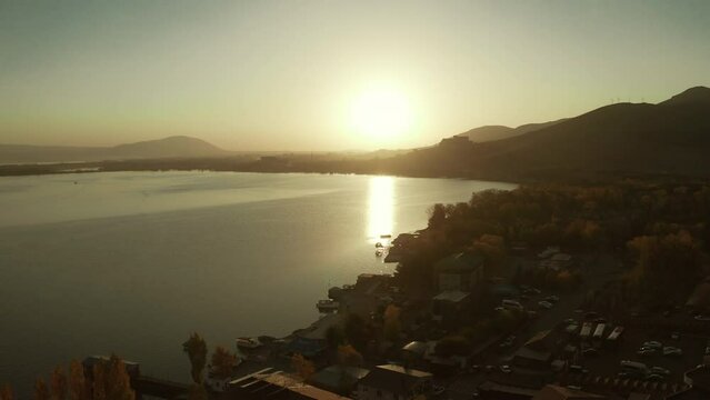 Gorgeous sunset in Sevan lake shot from Sevan peninsula in the evening. Incredible landscape of Sevan lake, Armenia
